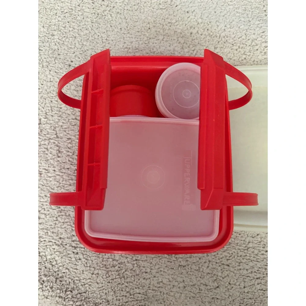 Vintage Tupperware Red Picnic Lunch Set Carrier with Lids and Cups 6 Piece